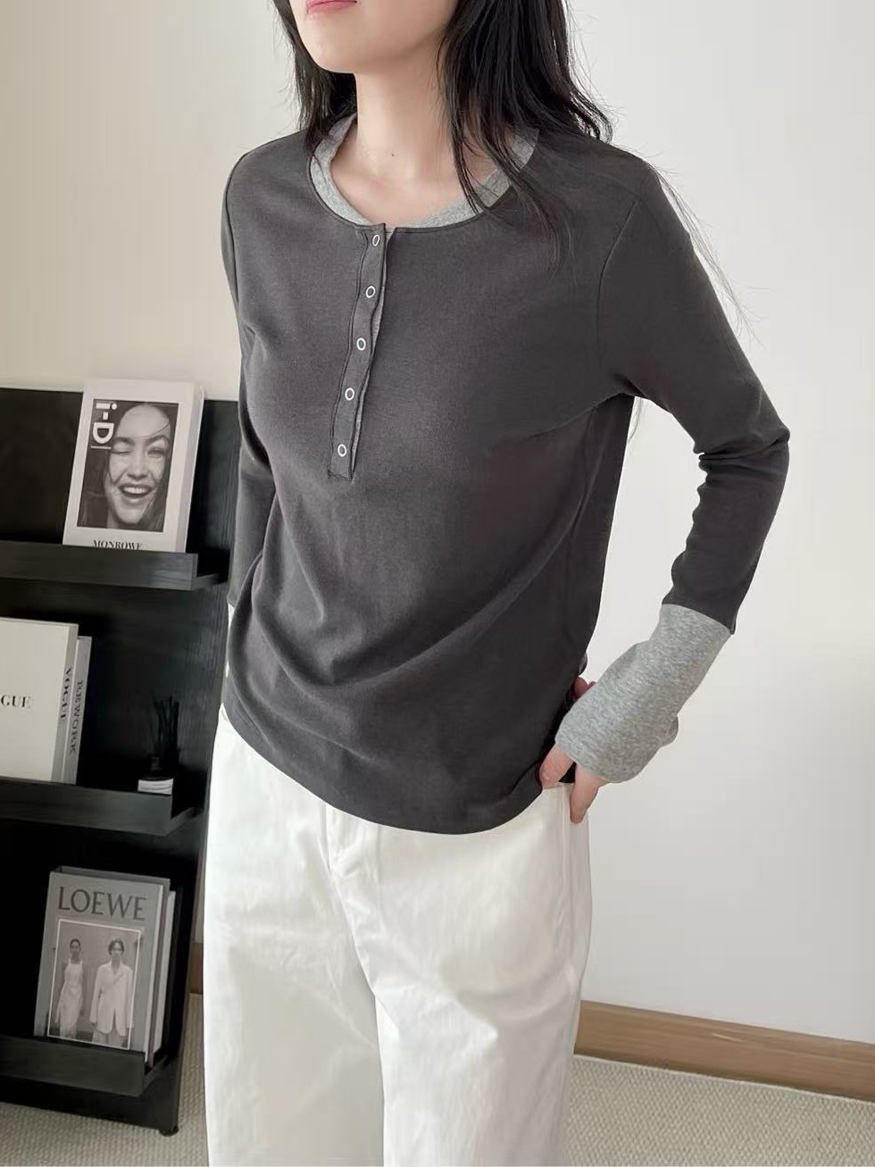 Spring 2026 Long-Sleeve T-Shirt with Color-Blocking, Pullover Style, Loose Casual College-Style Top for Women, Faux Two-Piece