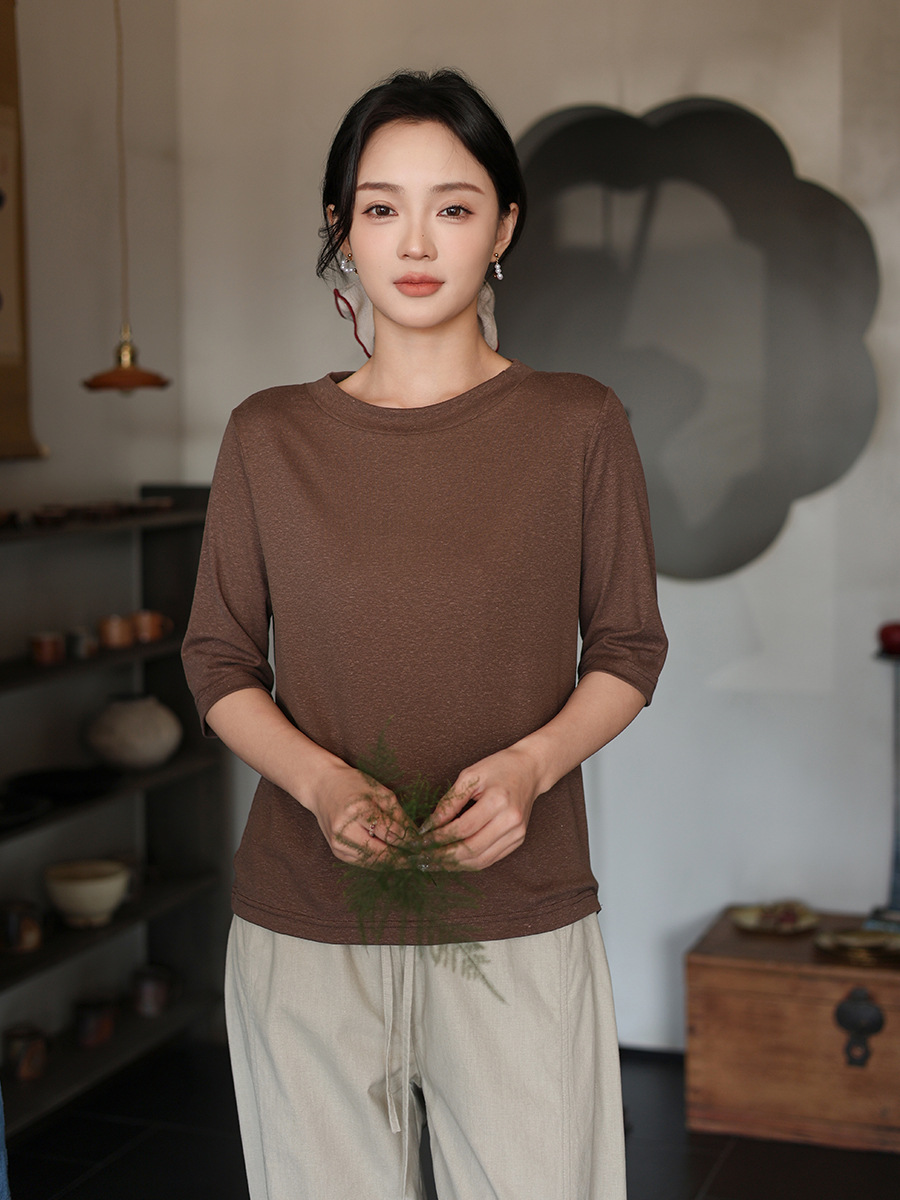 Deer and an Di Summer New Short-Sleeve Knitted Linen T-Shirt for Women, Round Neck, Solid Color, Casual Versatile Top