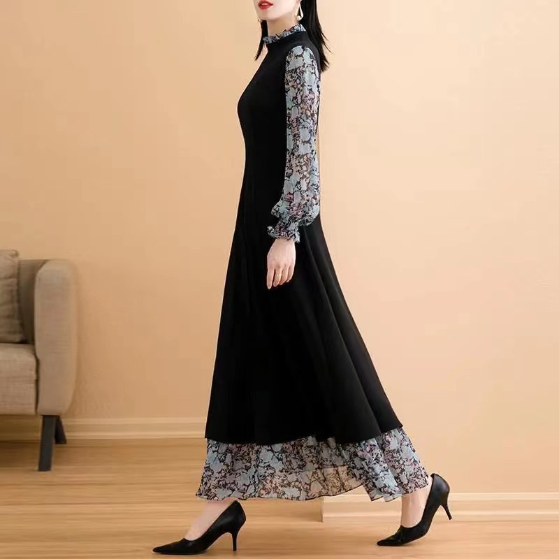 2025 Spring and Autumn New Literary Large Size Long Skirt Fat Girl over the Knee Fake Two-Piece Floral A-Line Skirt Dress Women's Clothing