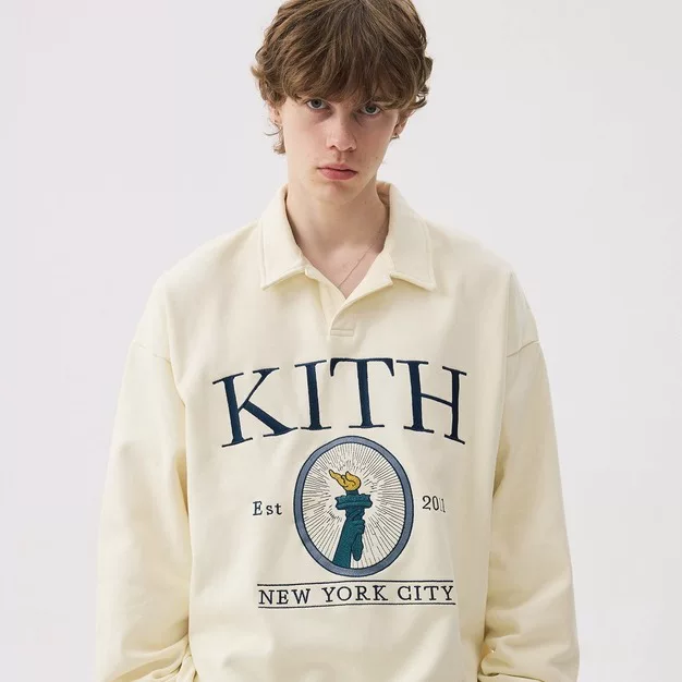 KITH American Trendy Brand Men's Retro POLO Collar with Velvet Down Shoulder Hoodie New York Torch Collar Autumn/Winter Couple