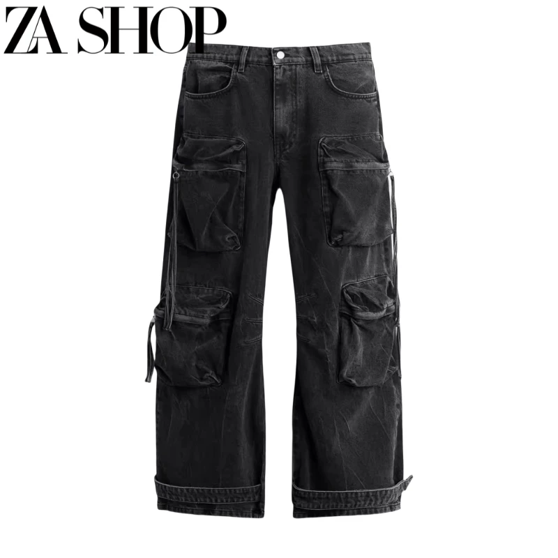 Summer New Men's Loose Pocket-Decorated Wide-Leg Washed Denim Cargo Casual Pants 5575471