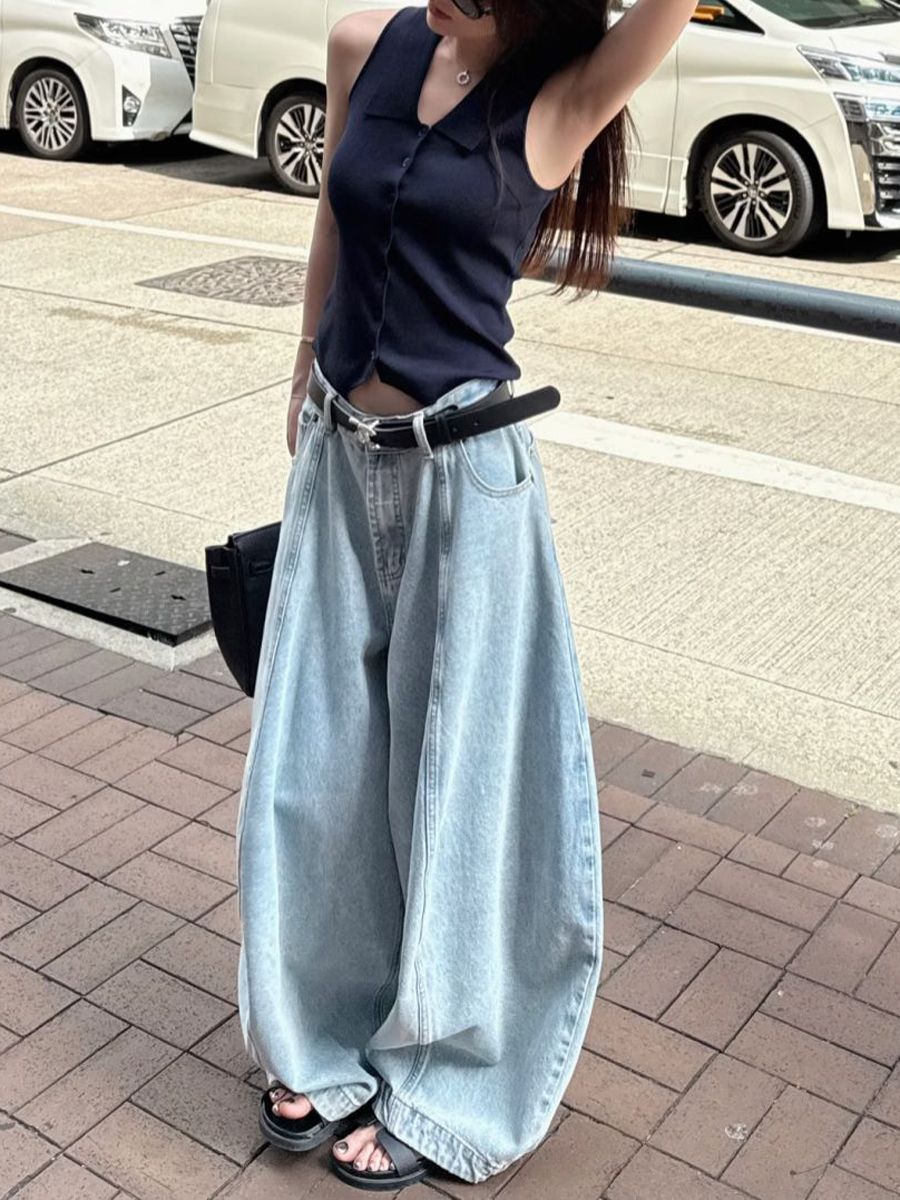 Petite American Retro Distressed Light-Colored Wide-Leg Jeans for Women, High-Waisted Loose Fit Slimming Straight-Leg Casual Long Pants