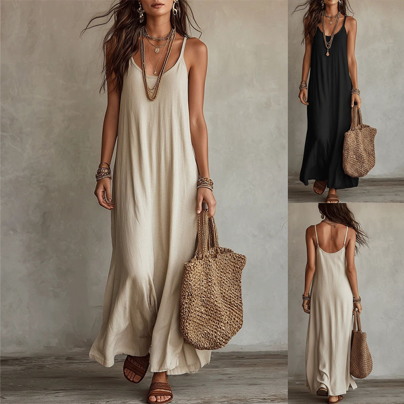 European and American Women's Fashion Cross-Border Summer New Solid Color Strap Dress Seaside Vacation Style Loose Slimming Women's Dress