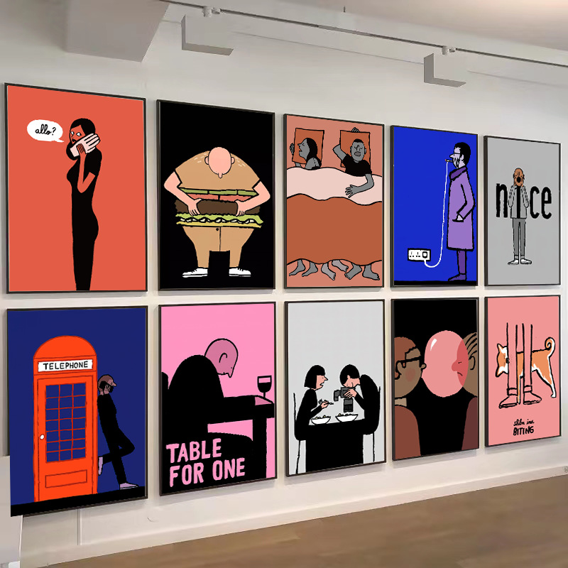 Simple Modern Cartoon Animation Fun Hanging Painting Korean Style Illustration Bedroom Background Wall Decorative Painting Frameless Painting Punch-free