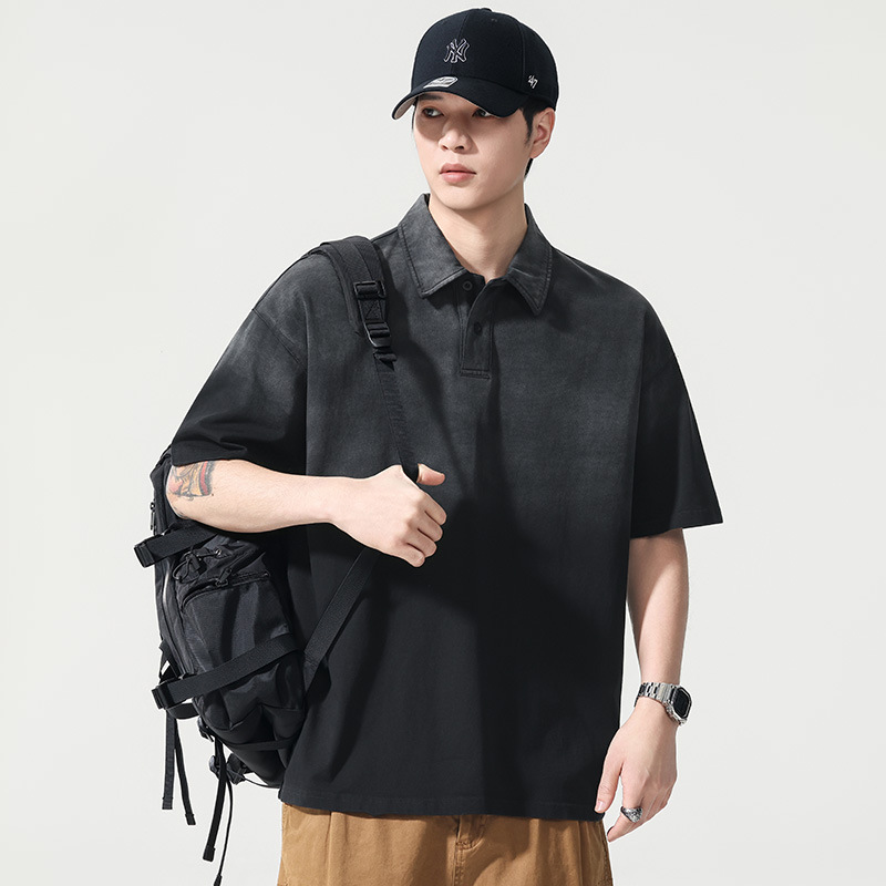 P2810 | Plus-Size Men's Summer Washed Gradient Short-Sleeve Polo Shirt, Loose Trendy Retro Pure Cotton Short-Sleeve T-Shirt.