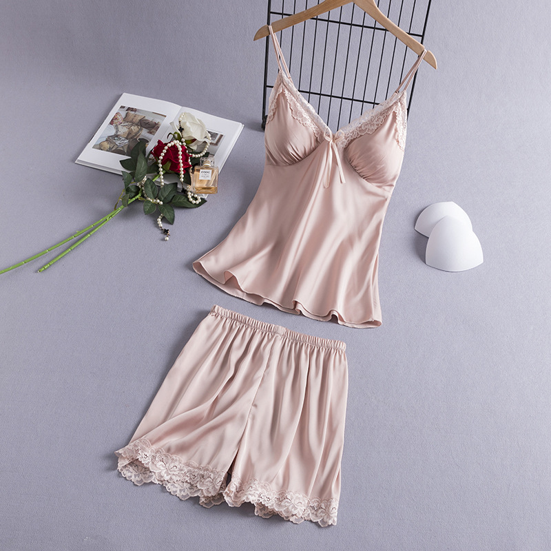 2022 summer new strap shorts pajamas women's suit artificial silk thin sexy lace V-neck homewear
