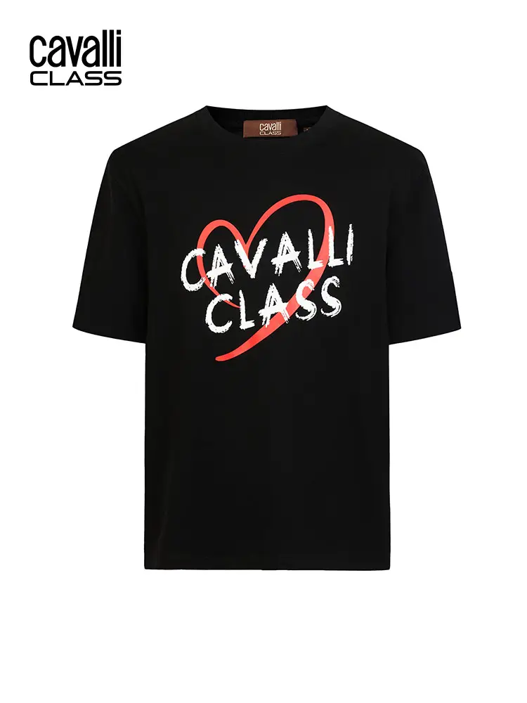 Cavalli Class Cavalli Heart Print Short Sleeve T-Shirt Men's Graffiti Logo American High Street Casual T-Shirt