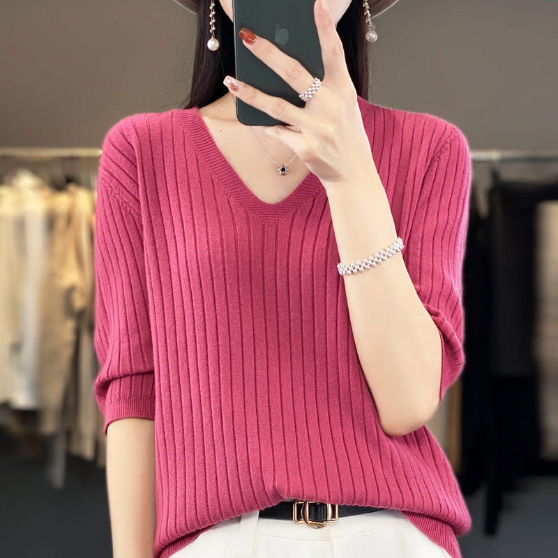 Short-Sleeved Knitted Bottoming Shirt for Women V Neck Pullover Half-Sleeved Thin Sweater Simple Pure Color Sweater Half-Sleeved Top T-Shirt