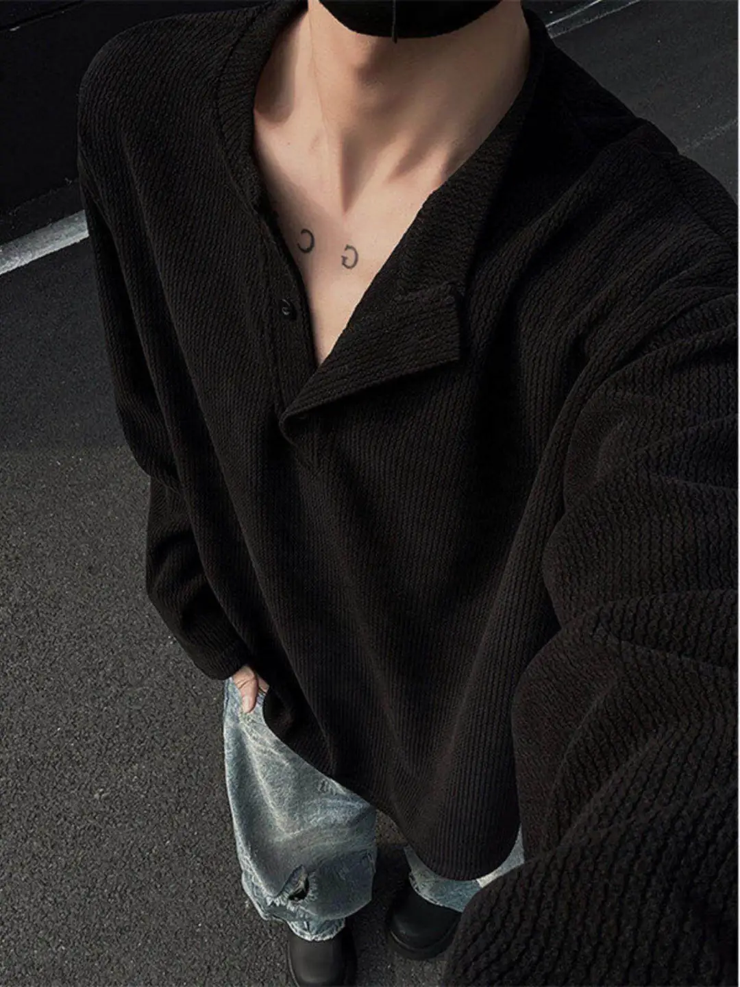 Off-White Henry Collar Long-Sleeve T-Shirt for Men, Spring and Autumn American-Style Sweatshirt with Ribbed Texture, Hoodless Base Layer
