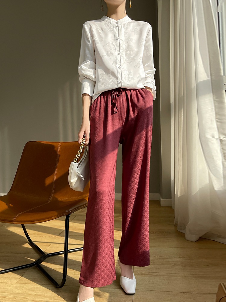 Imitation Silk Satin 26 Spring/Summer New Women's Long Pants, Thin Sun-Protective, Elegant Dark Floral Drawstring, Simple Versatile Straight-Leg Pants