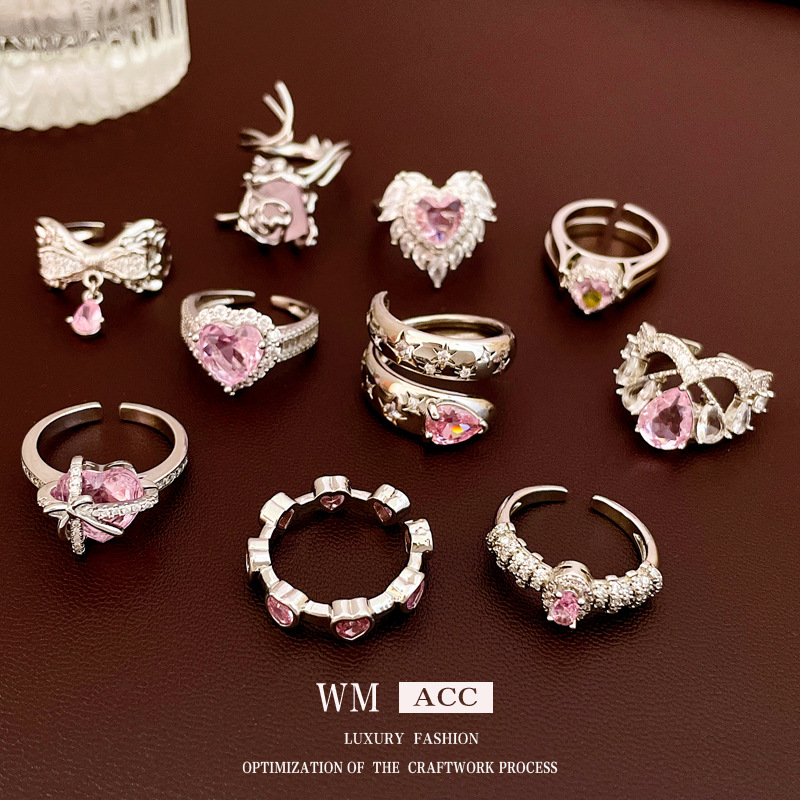 Zircon Heart Open Ring, Fashionable Korean Sweet and Exquisite Index Finger Ring, Accessible Luxury and High-End Hand Jewelry Wholesale
