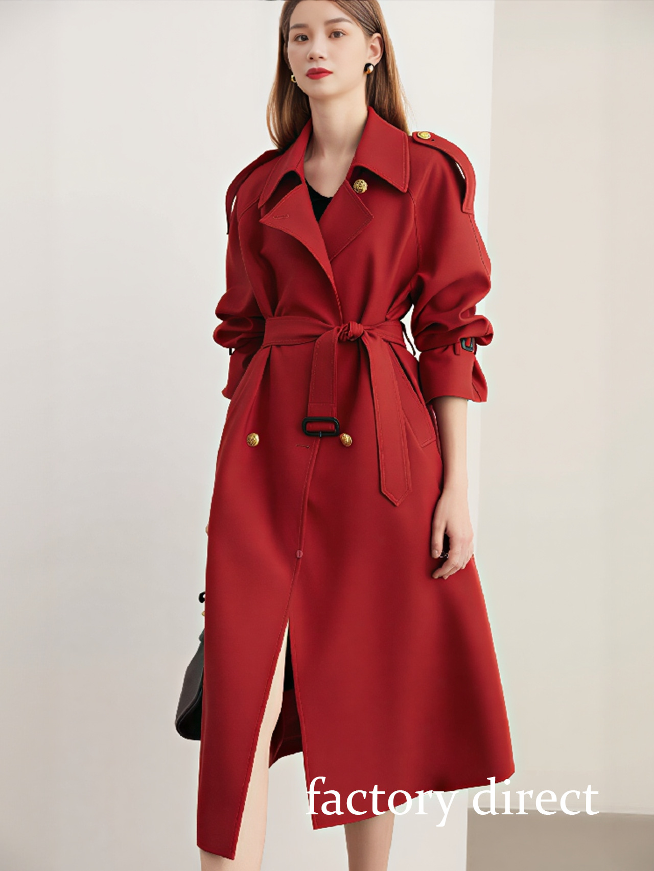 Red Trenchcoat Nanyou Foreign Trade High-End Wool Blend Bright Red Double-Breasted Loose Belted Trench Coat for Women
