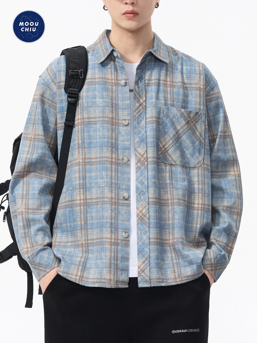 Muqiu Men's Wear | American Retro Lyocell Tencel Plaid Long Sleeve Shirt Men's Turn-Down Collar Loose Casual Shirt