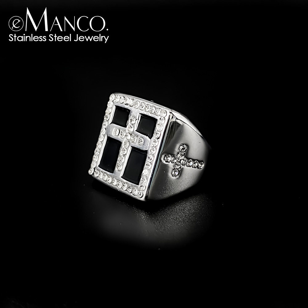 EManco European and American hip hop full diamond cross ring men's square seal hiphop finger ring hand ornaments wholesale