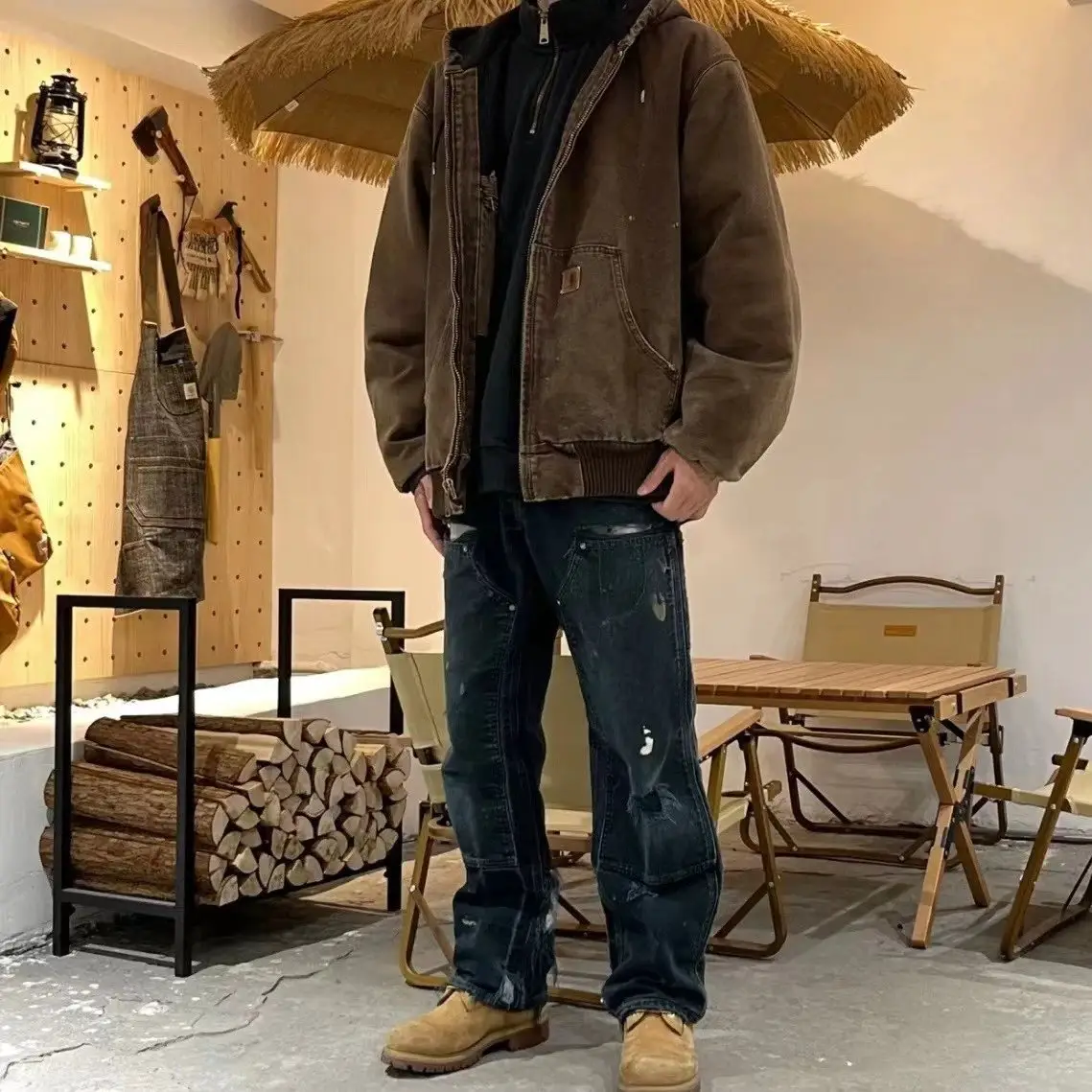 水洗做旧美式夹克工装蜡染连帽情侣外套
