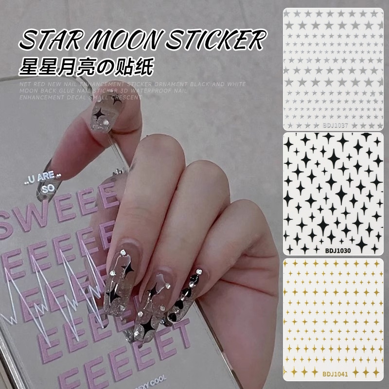 Net Red Star mango nail adhesive sticker 3d nail art Gold Silver Star Crescent five-pointed star decorations nail sticker