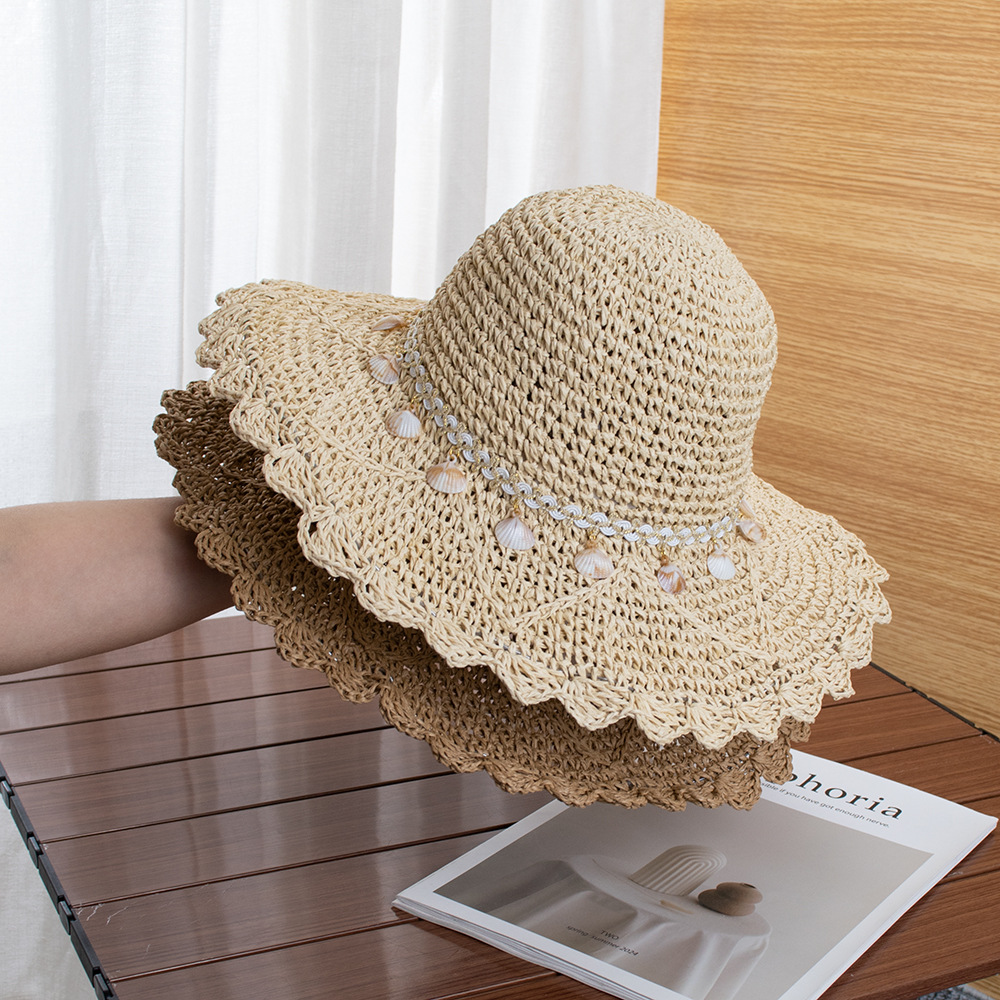 2026 Ethnic Style Shell Straw Hat for Women, Summer Beach Sun Protection Hat with Large Brim, Straw Sun Hat