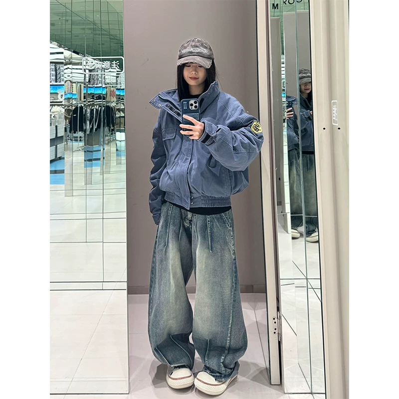 Blue stand up collar washed workwear jacket, men's spring and autumn style trendy brand American retro short pilot baseball suit