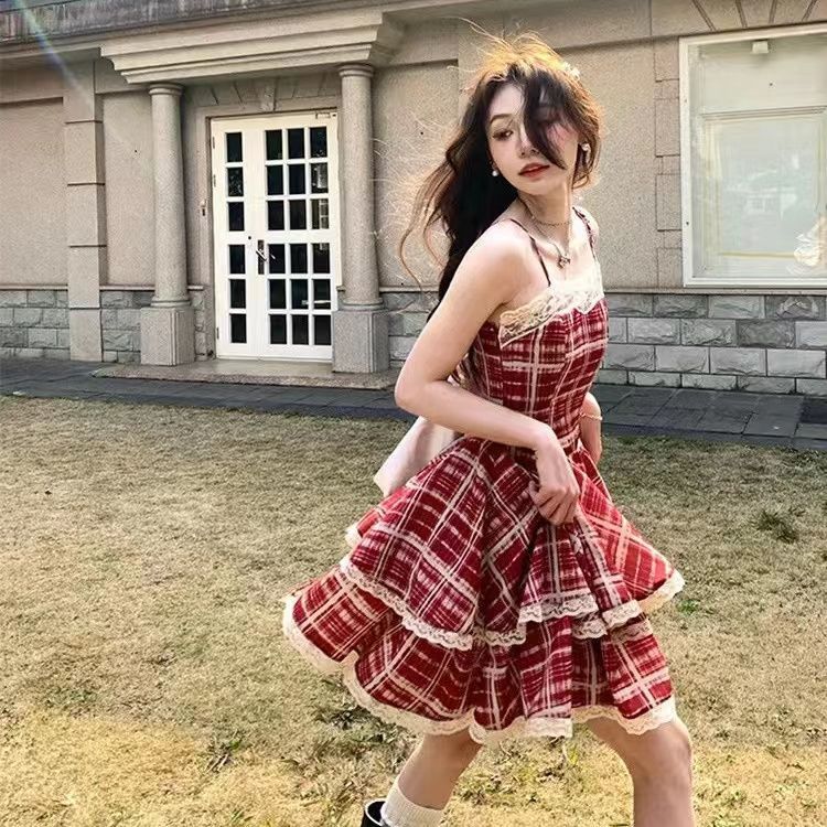 Red Plaid Suspender Skirt Plaid French Sweet Pure Lust Lace Princess Skirt Waist Slimming Puffy Dress