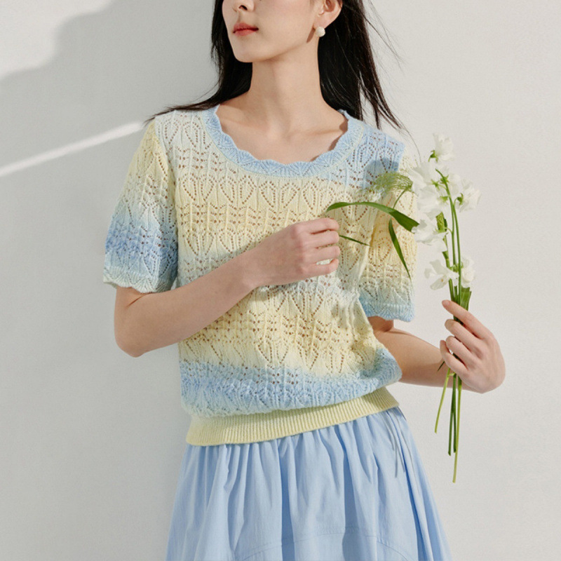 "4.3/Summer New Arrival" Xuan Xiao Jie Gradient Color Hollow Knit T-Shirt Women's Clothing