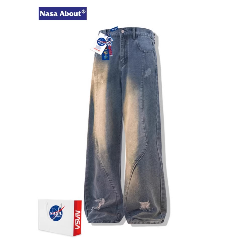 Nasa about American Retro Ripped Jeans for Men, Spring and Autumn Straight-Leg Flared Pants, Washed Loose Wide-Leg Pants