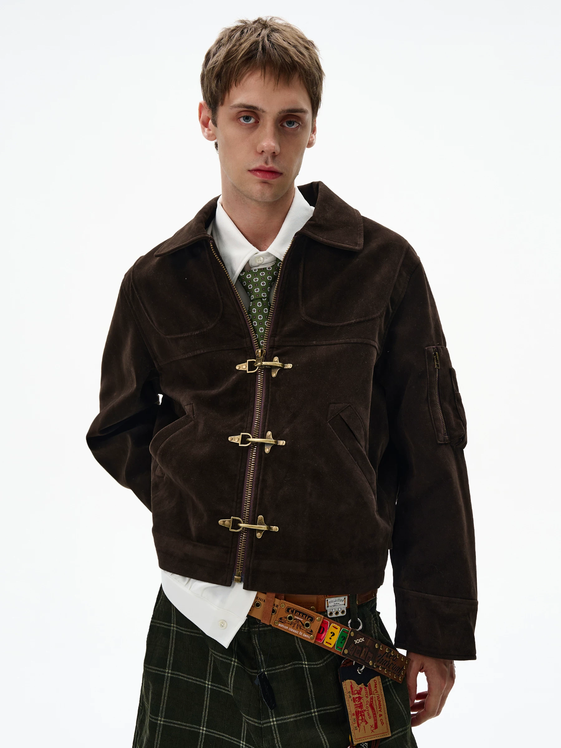 Madwitch Deconstructed Patchwork Aviator Buckle Short Jacket Unisex Retro Distressed Vintage Suede Jacket ins