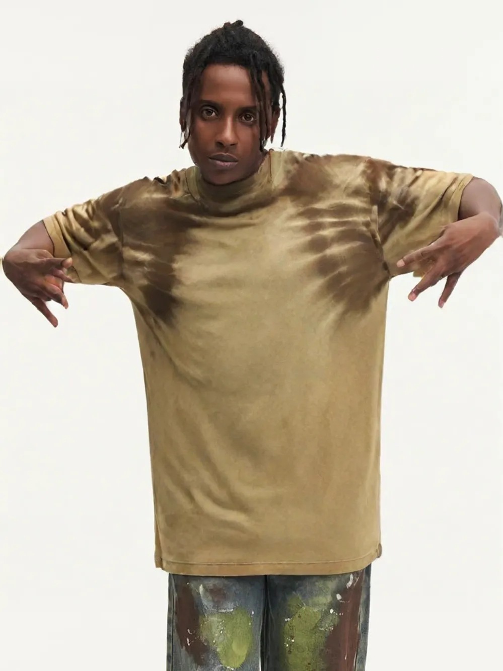 230g gradient color short sleeve T-shirt men's cotton summer new washed tie-dyed fried color shoulder half sleeve fashion clothes