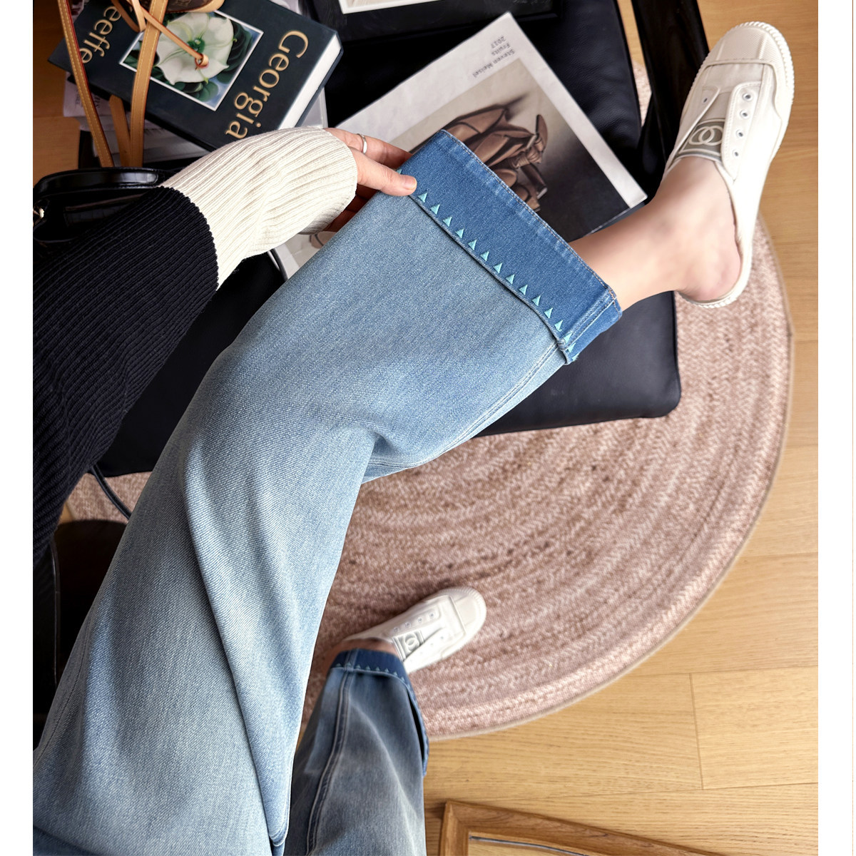 Large Flared Hem with Embroidery Design! 2026 Spring Collection Petite Women's Jeans, Slim-Fit Cropped Straight-Leg Pants