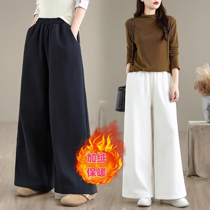 Cotton and Linen Fleece-Lined Wide-Leg Pants for Women, New Autumn and Winter Style, Loose-Fitting, Artistic Retro, Warm and Thick, Casual Floor-Length Trousers