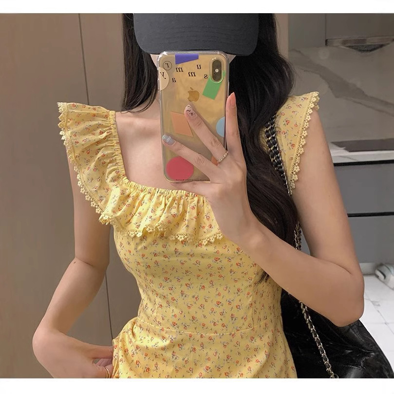 French Gentle Style, Sweet and Age-Reducing Pastoral Style Floral Dress for Women, Mid-Length Elegant Square Neck Ruffle Skirt