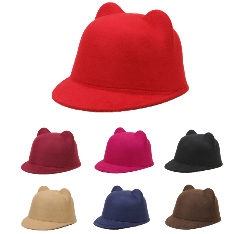 Autumn and Winter boys and girls felt top hat devil horn anti-cashmere peaked cap cute cat ears equestrian hat