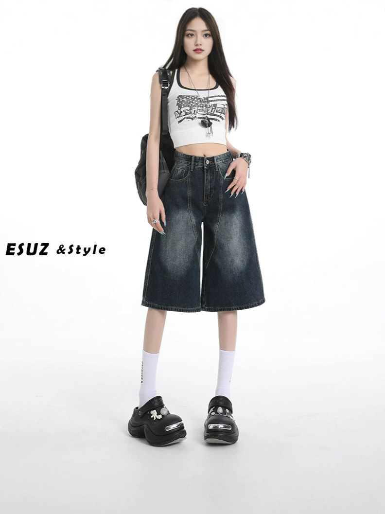 American Retro Style Curved Hem Denim Cropped Pants for Women, Summer 2026, Embroidered Design, High-Waisted, Slimming, Loose Straight Wide-Leg Pants
