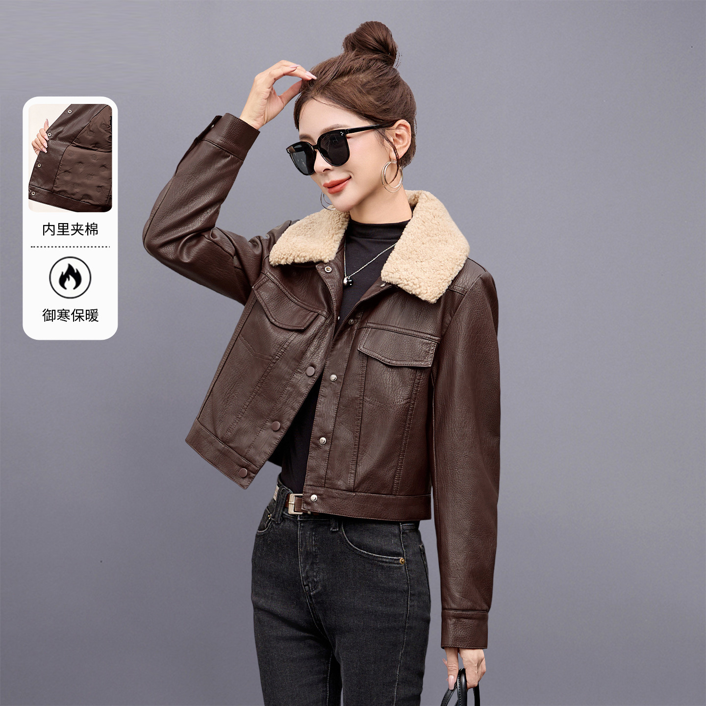 Padded Thickened Pu Leather Jacket for Women, Winter 2026 New Style, Warm Short Coat with Lamb Wool Turn-Down Collar, Motorcycle Jacket