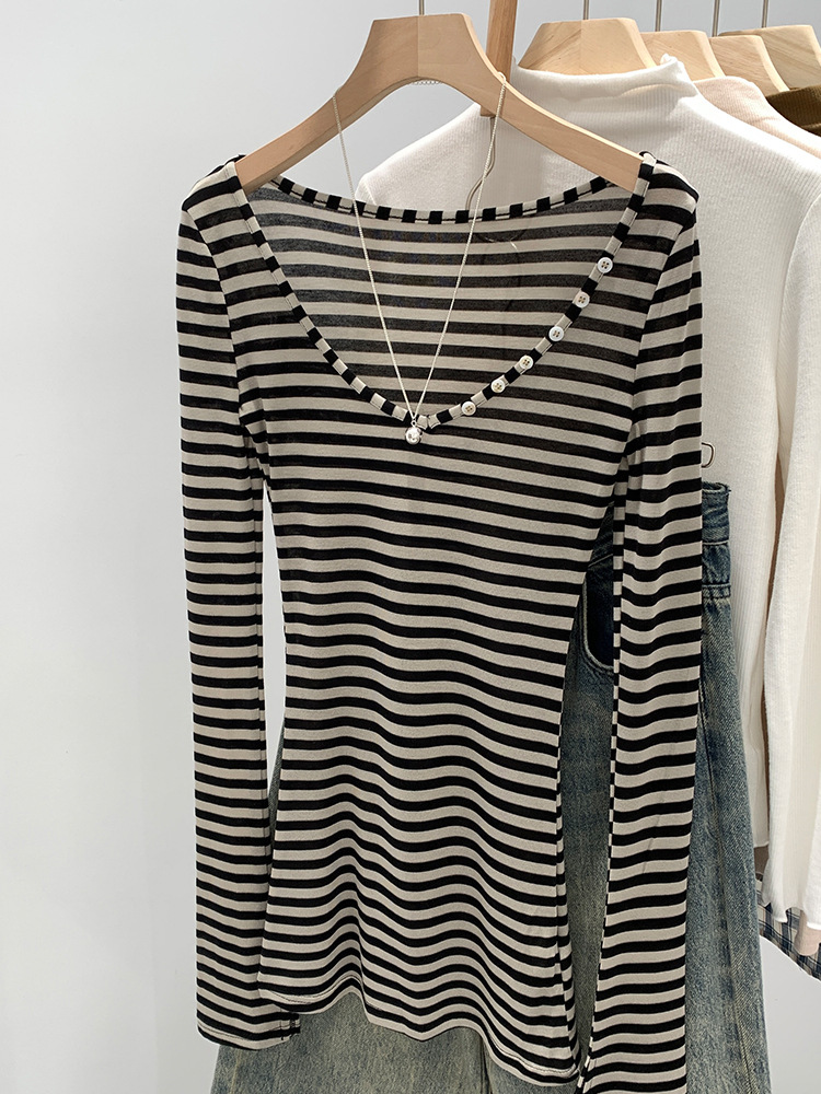 Button Stripe Slim-fit Spice Girl Big V-neck Pure Thin Long-sleeved Sunscreen Blouse T-shirt Women's Autumn Elegant Skin-friendly Top