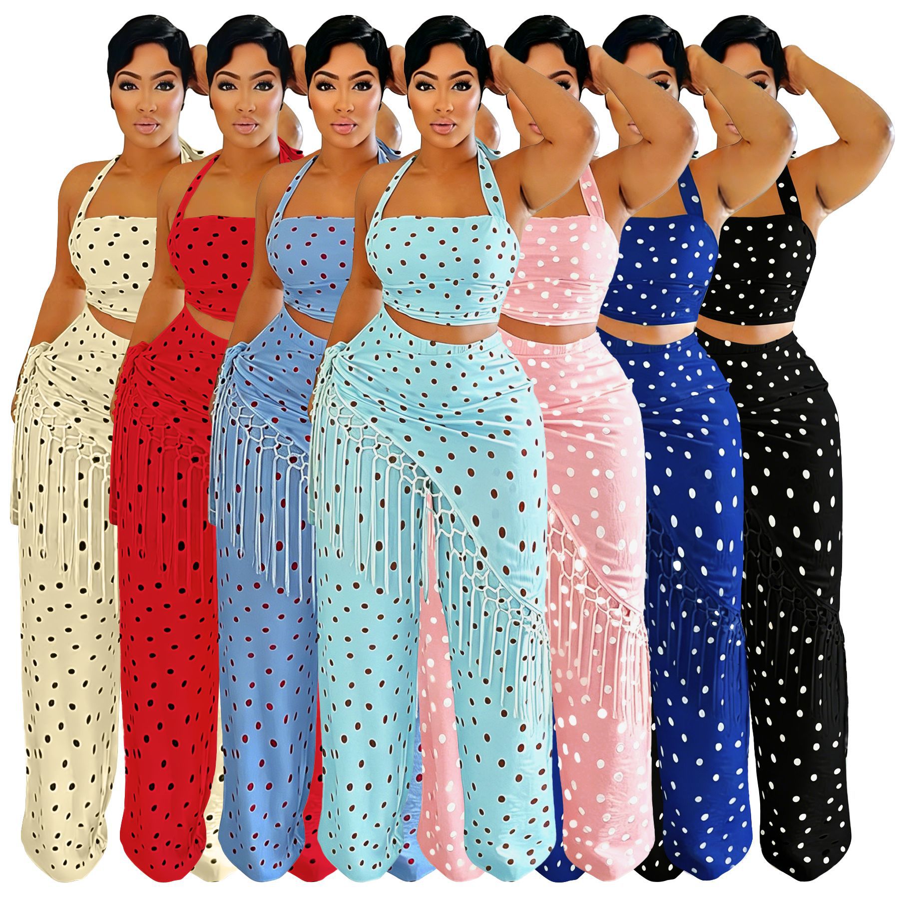 11014 European and American Cross-Border Women's Clothing Amazon New Polka Dot Print Halter Neck Backless Tube Top Tassel Long Pants Set