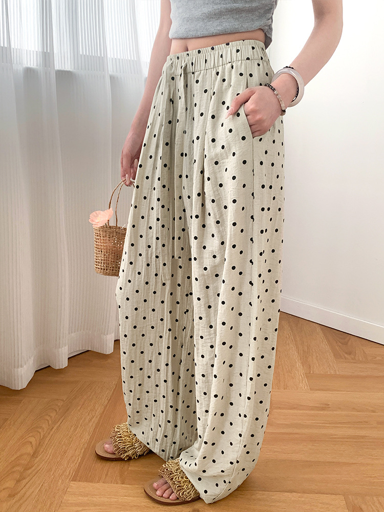 White Polka Dot Linen Wide-Leg Pants for Women, Summer Thin High-Waisted Drapey Loose Lazy Casual Old Money Style Cotton Linen Pants