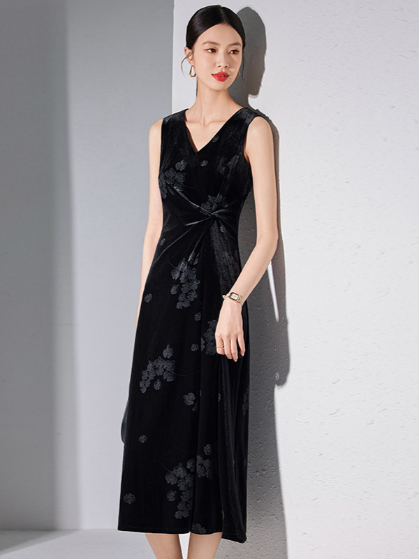 High-set Gold Velvet Sleeveless dress Women's Autumn and Winter Jacquard Elegant Small Black Dress V-neck Vest Skirt Inner Base Skirt