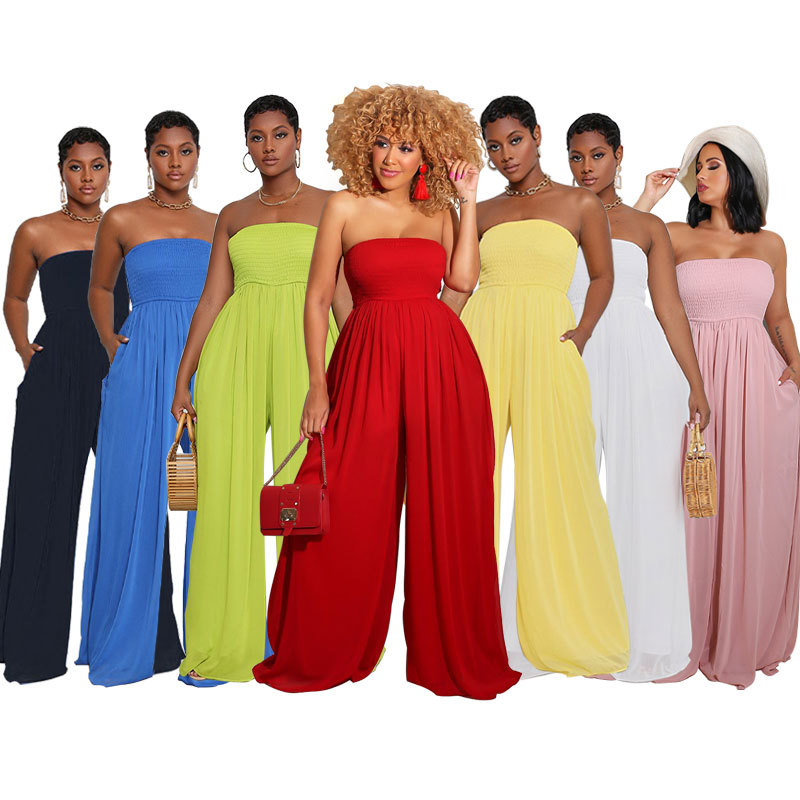 8582 European and American Clothing Pure Color Wide Leg Casual Chiffon High Waist Jumpsuit Pants Women's Jumpsuit Summer Jumpsuit