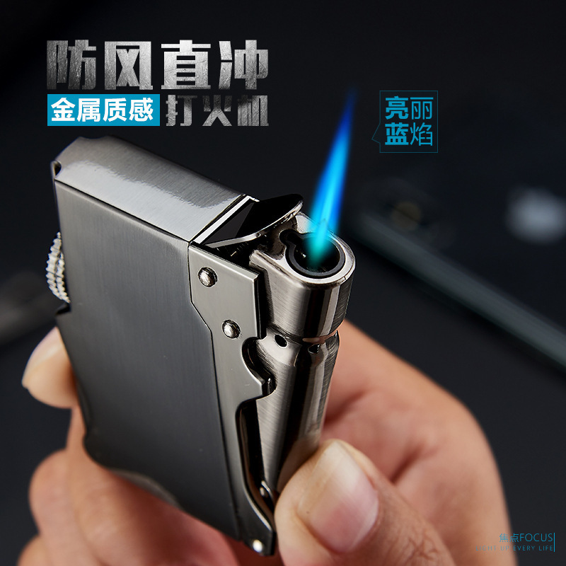Windproof inflatable lighter men's gift blue flame straight metal steel gun lighter wholesale cross-border