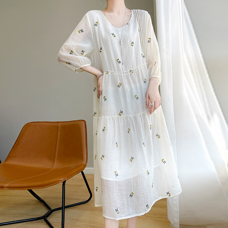 Acetate satin three-quarter sleeve dress women's 2027 summer new Korean style versatile dress round neck temperament midi dress