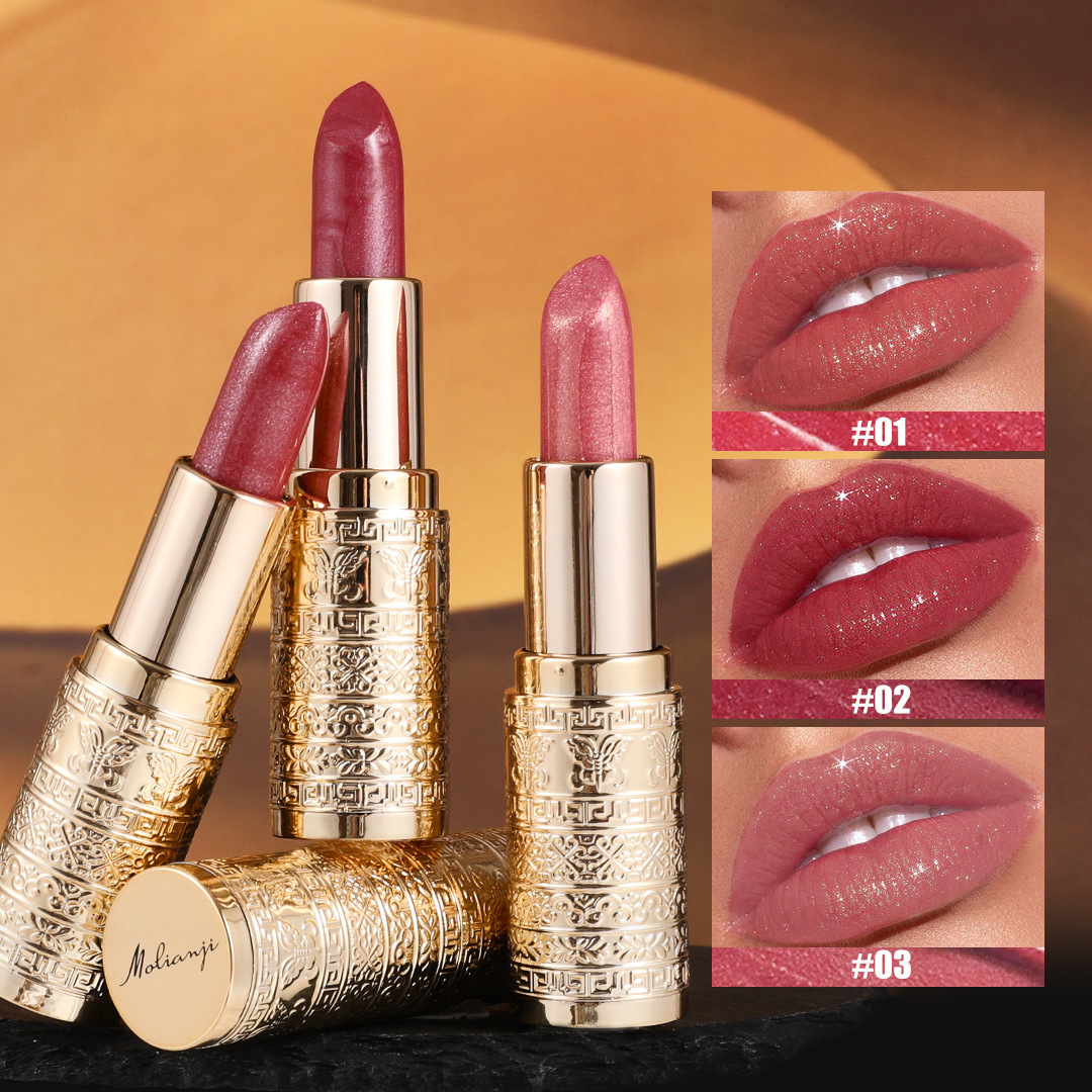 [foreign trade] gold-banded stick with flash color lipstick does not fade female lipstick waterproof moisturizing lip
