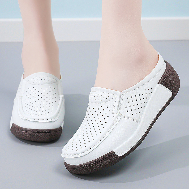 Cross-Border Summer Large-Size Women's Sandals, Thick-Soled Hollow-Out Shoes, Cowhide Casual Wedge-Heeled Mom Shoes, Closed-Toe Half-Slippers