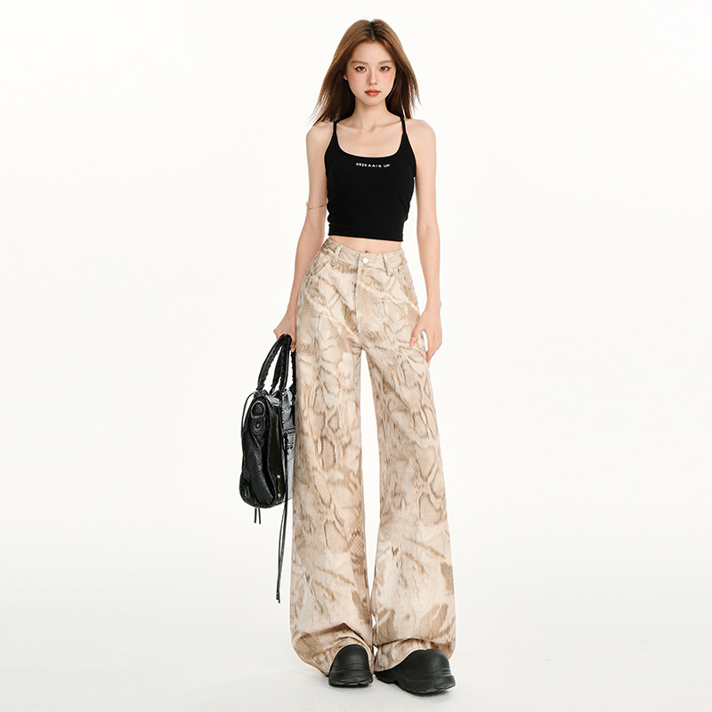 Snake Print Design Wide Leg Jeans for Women 2025 Summer New High Waist Loose Slim Straight Casual Pants