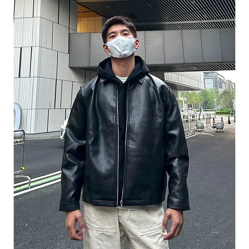 Black shoulder leather jacket, men's spring and autumn style, tough guy outfit, cool and stylish, explosive arcade racing suit, high-end short jacket