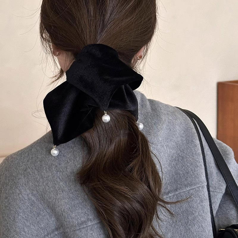 Autumn and winter velvet square large intestine hair ring women's high elastic durable hair band low ponytail pearl pendant hair accessories