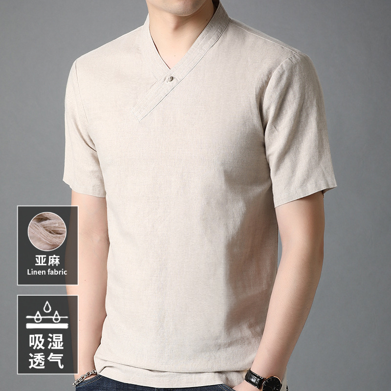 Linen Short-sleeved T-shirt Men's V-neck Solid Color Cotton Linen Breathable Summer New Chinese Style National Fashion Young and Middle-aged Top