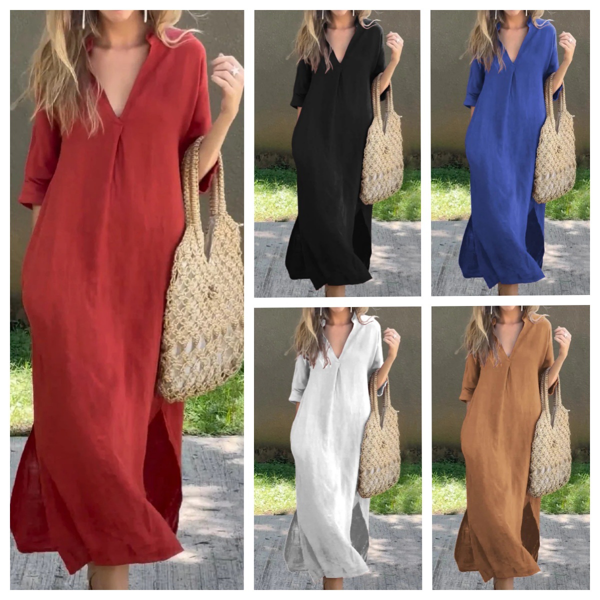 Amazon Independent Site Cross-Border Cotton and Linen Women's Dress with Side Slits, V-Neck, 7/8 Sleeves, and Pleated Front, Mid-Length