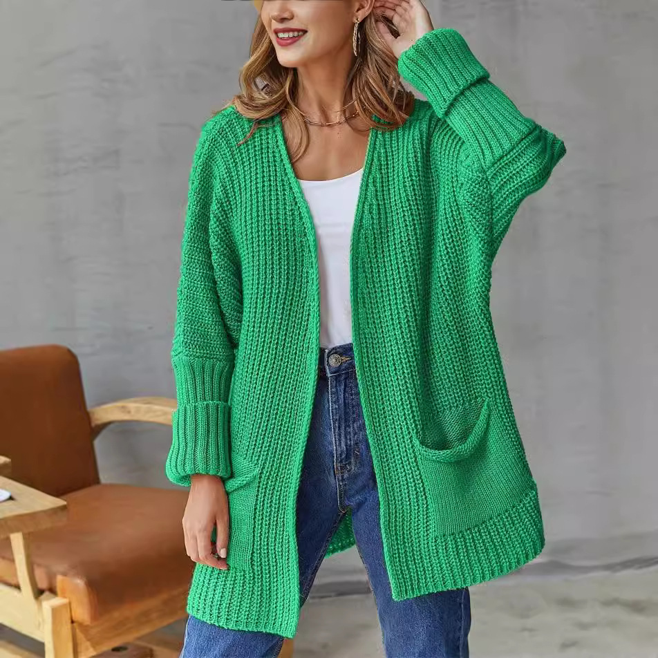 Amazon plus size Casual Pocket Knitted Cardigan 2024 New Sweater Women's Commuter Loose Mid-length Jacket