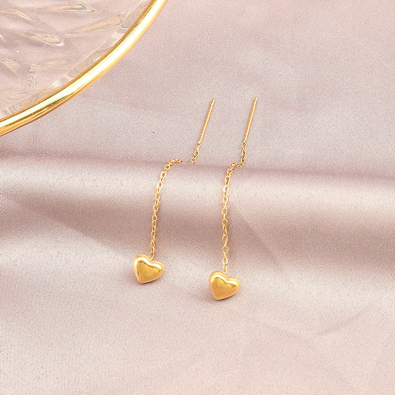 Love Heart 18K Golden Titanium Steel Ear Line Women's Elegant Long Elegant Earrings Trendy Face Skinny Ear Chain