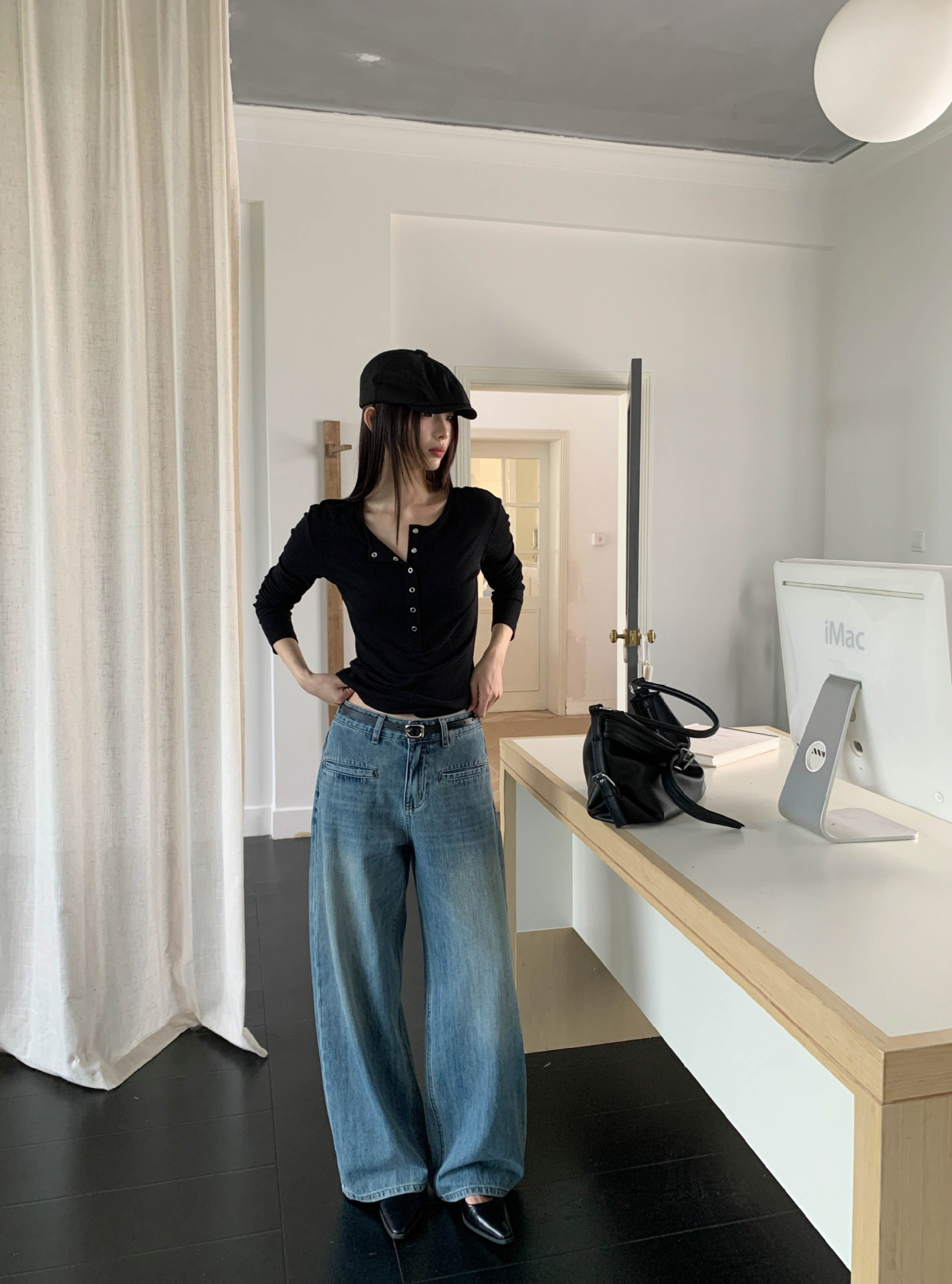 Gagd Looks Slimmer! Ins Blogger Style Vintage Distressed Wide-Leg Jeans with Pockets for Women, Loose Straight-Leg Jeans